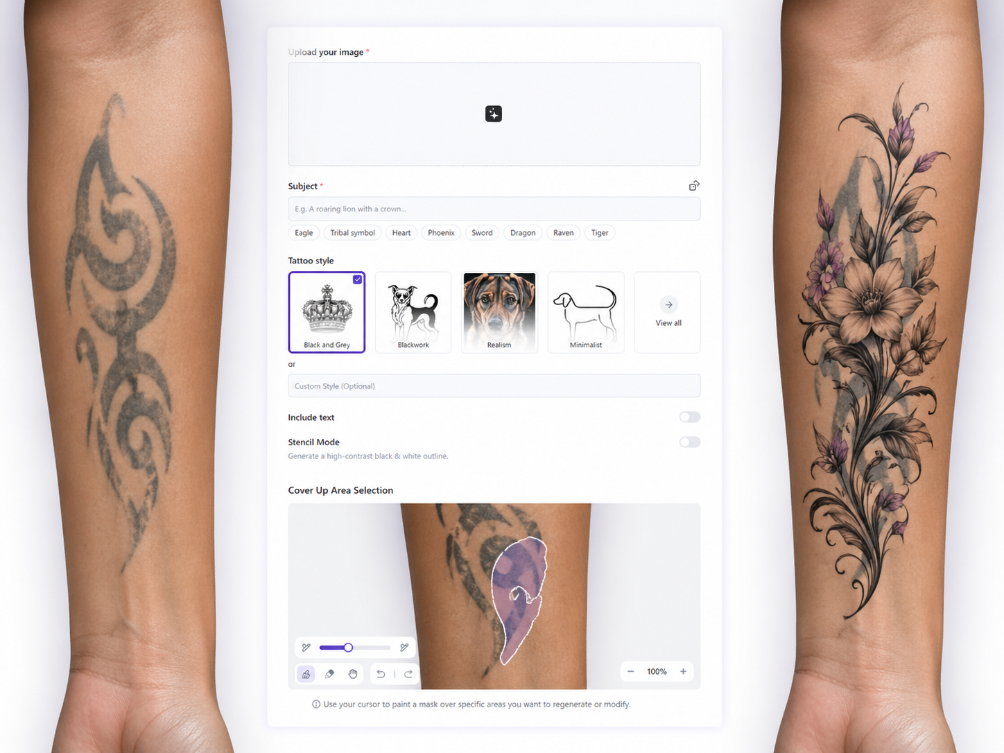 Generación de diseños para cubrir tatuaje con IA en un solo clic