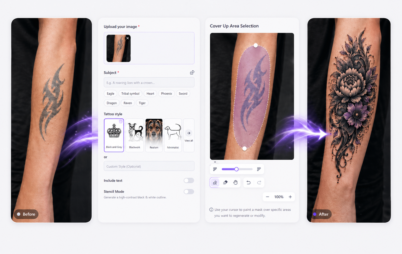 Cubrir tatuaje – Sube, personaliza y genera tu diseño perfecto para cubrir tatuaje